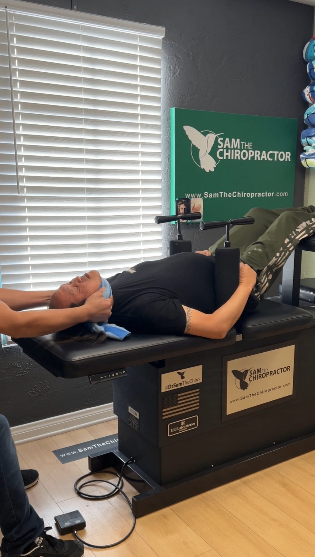 Side view of a patient receiving a cervical decompression adjustment